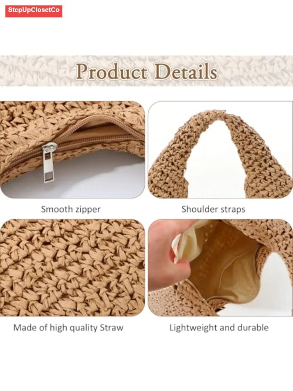 Handwoven Straw Shoulder Bag Summer Beach Tote Hobo Purse